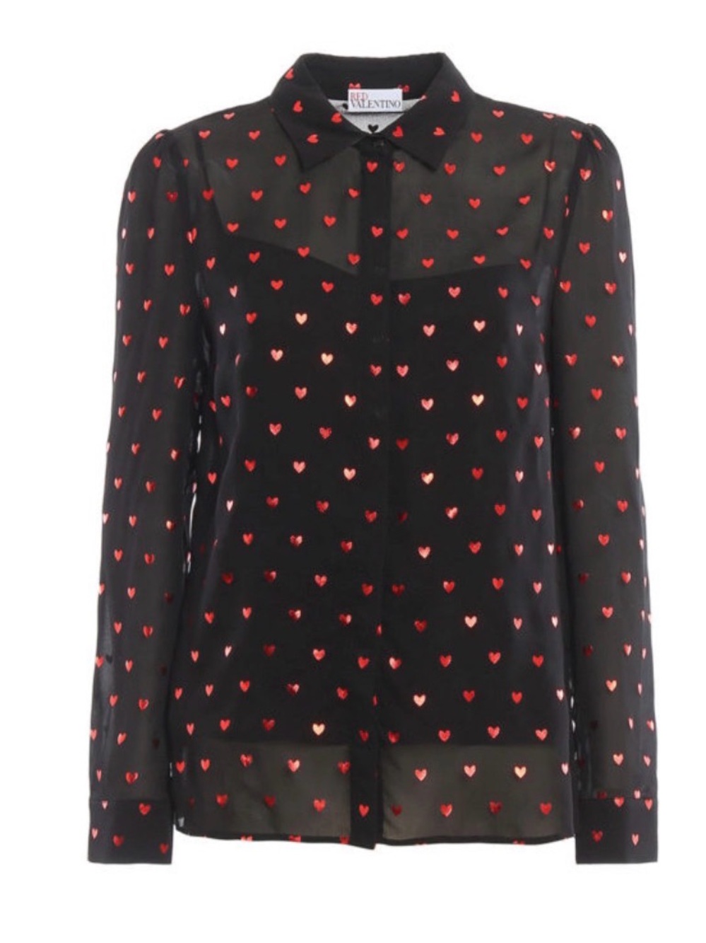 RED Valentino Black Sheer Button-Down Shirt with Red Heart Print